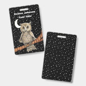 Badge Chouette brune Yeux dorés Collier bleu Étoiles Lun (Avant & arrière)