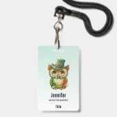 Badge Chouette mignonne dans un haut-de-forme vert (Arrière avec lanière)