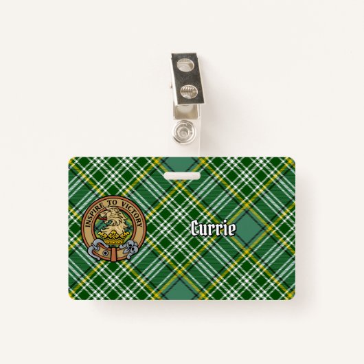 Badge Cimier de lion Clan Currie sur Tartan (Devant avec clip)