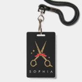 Badge Ciseaux pailletés dorés - Coiffeur NOM (Avant avec lanière)