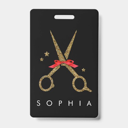 Badge Ciseaux pailletés dorés - Coiffeur NOM (Avant)