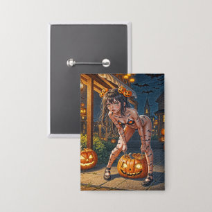 Badge Citrouille et Fille aux Chauves-Souris Halloween M