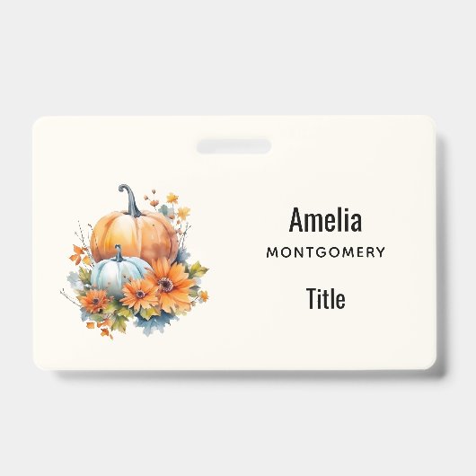 Badge Citrouilles d'automne avec fleurs et feuillage (Avant)