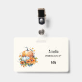 Badge Citrouilles d'automne avec fleurs et feuillage (Avant avec clip)