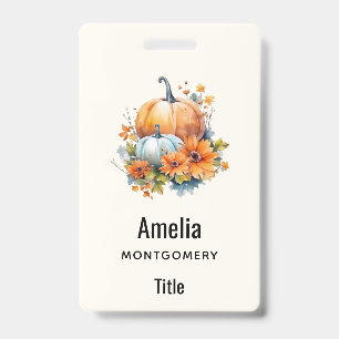 Badge Citrouilles d'automne avec Fleurs et Foliage