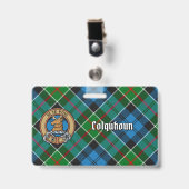 Badge Clan Colquhoun Crest sur Tartan (Avant avec clip)