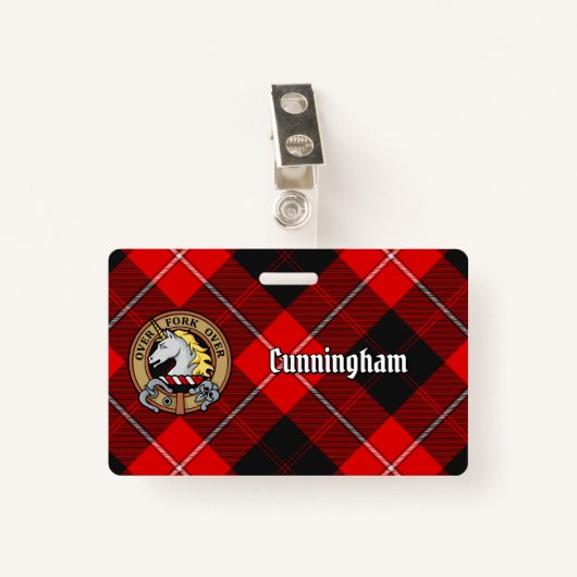 Badge Clan Cunningham Crest sur Tartan (Devant avec clip)