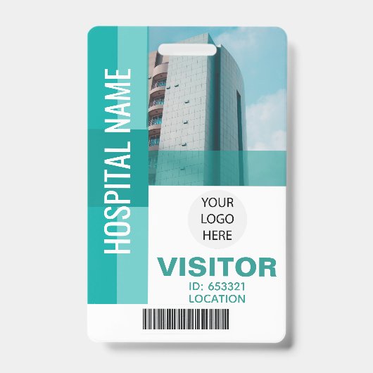 Badge Code à barres de visiteur sarcelle moderne, logo I (Avant)