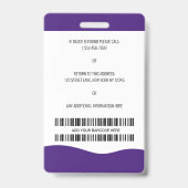 Badge Code barre customisé, logo, nom, photo ID employé (Dos)