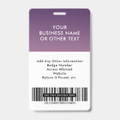Badge Code-barres du logo de l'entreprise violet Carte d (Arrière)