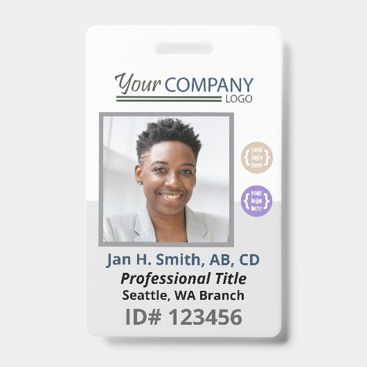 Badge Code photo, logo et code QR de l'employé blanc gri (Avant)