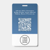 Badge Code QR de logo d'entreprise bleu Carte d'identité (Arrière)