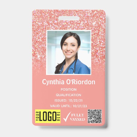 Badge Code QR de Photo ID avec paillettes rose corail (Avant)