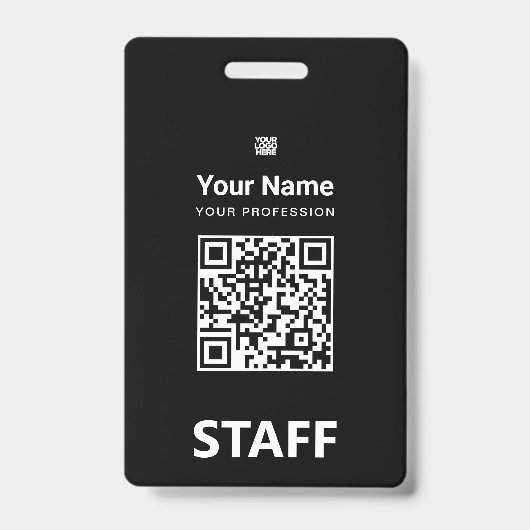 Badge Code QR employé tout noir, Code barre, Logo, Nom (Avant)