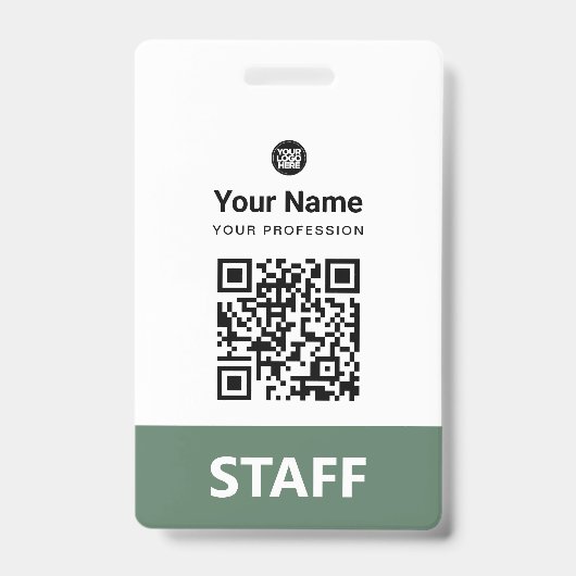 Badge Code QR employé vert sauge, code-barres, logo, nom (Avant)