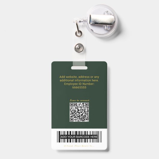 Badge Code QR ID Code-barres Or Vert Forêt Luxe (Arrière avec rétractable)