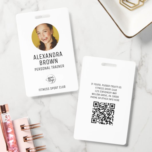 Badge Code QR ID Logo Blanc Simple Photo Accès (Bureau)