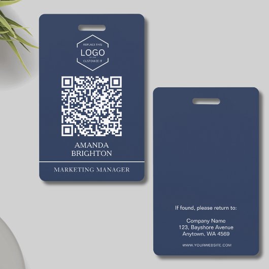Badge Code QR Logo Entreprise Blanc Bleu Marine