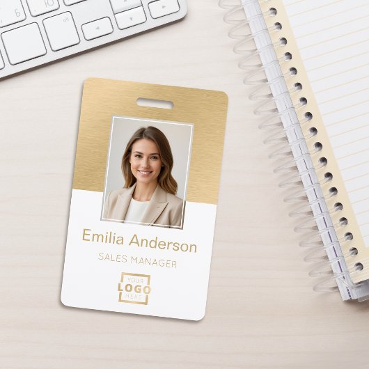 Badge Code QR Logo Photo ID Employé Blanc Or Brossé