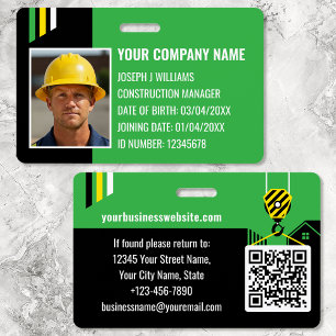 Badge Code QR Travail ID Construction Personnalisée Vert