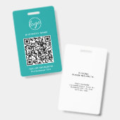 Badge Code QR Turquoise simple ID employé (Avant & arrière)