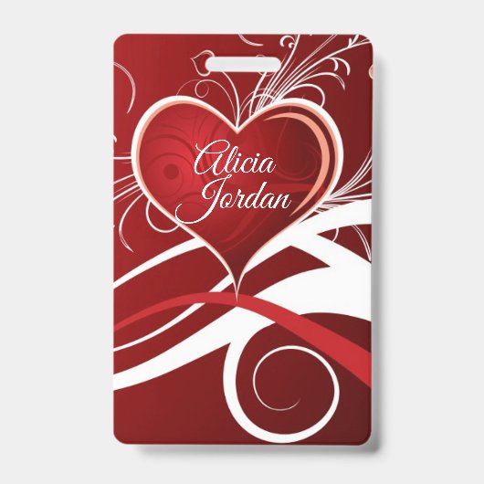 Badge Cœur Rouge Blanc Et Volutes (Avant)