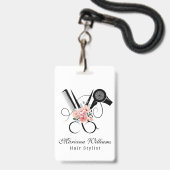 Badge coiffeur barbier floral Ciseaux étiquette de nom (Arrière avec lanière)