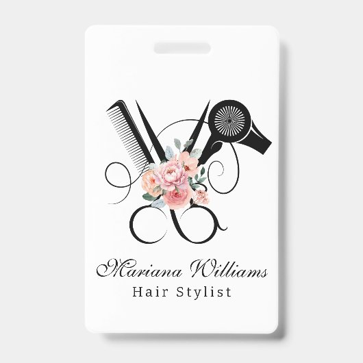 Badge coiffeur barbier floral Ciseaux étiquette de nom (Avant)