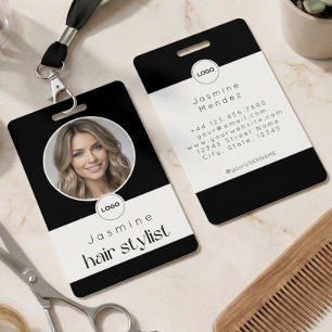 Badge Coiffeur Élégant Photo Noir Et Blanc ID