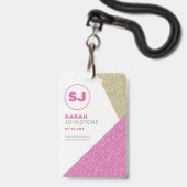 Badge Coiffeur Initiales Paillettes Rose & Or (Avant avec lanière)