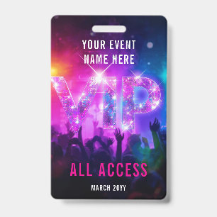Badge Concert VIP disco rose pailleté accès illimité