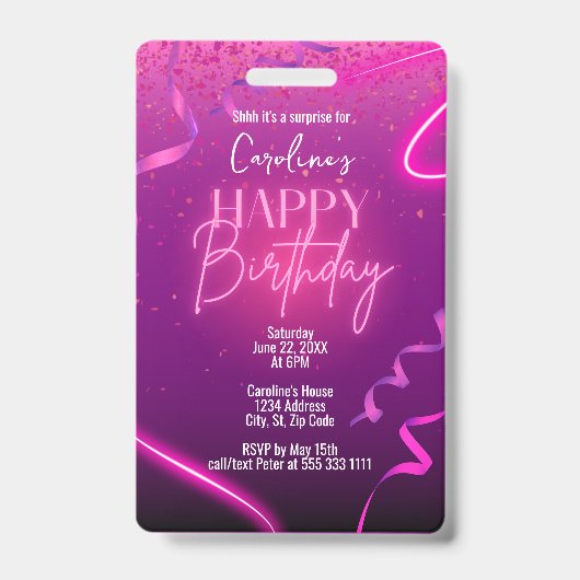 Badge Confetti rose violet Neon Surprise fête d'annivers (Face)