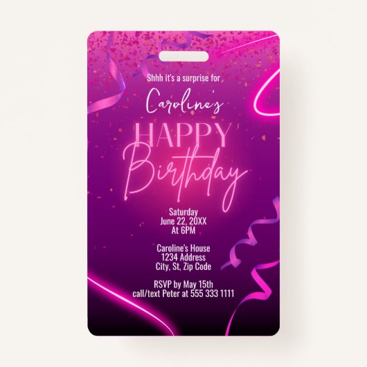 Badge Confetti rose violet Neon Surprise fête d'annivers (Devant)