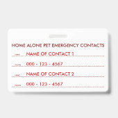 Badge contacts d'urgence pour animaux de compagnie (Arrière)