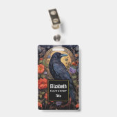 Badge Corbeau noir avec fleurs Design gothique (Arrière avec clip)