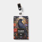 Badge Corbeau noir avec fleurs Design gothique (Avant avec clip)