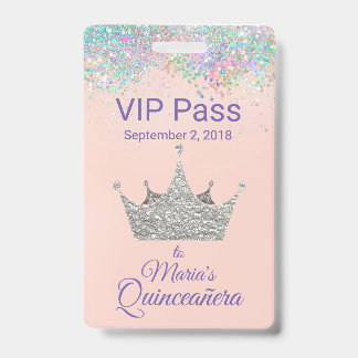 Badge Couronne argentée pailletée colorée Quinceañera VI