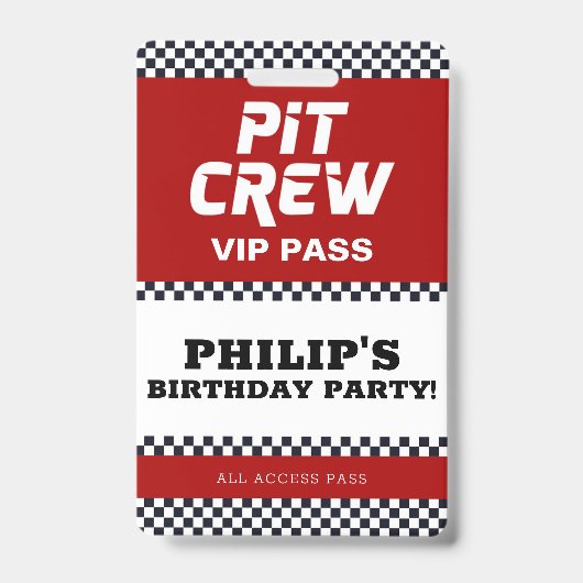 Badge Course Voiture Anniversaire Fête Pit Crew VIP Pass (Face)