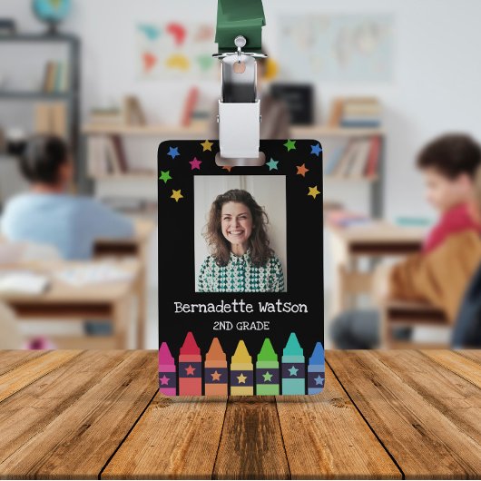 Badge Crayons noirs et étoiles Porte-nom d'enseignant d'