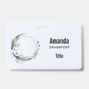 Badge Croissant de Lune Bleu avec Fleurs Blanches