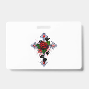 Badge Croix d'argent avec une rose rouge