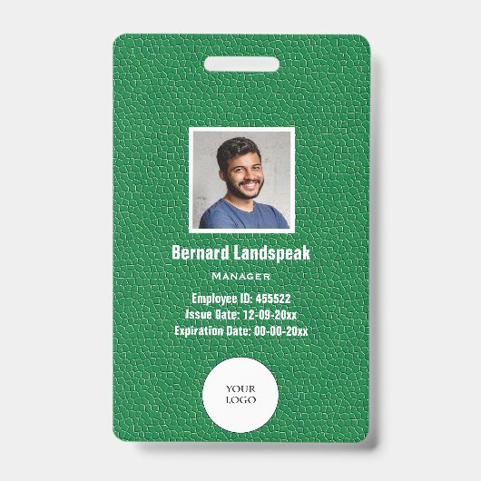 Badge Cuir Vert & Photo de l'employé & Logo, Code-barres (Avant)