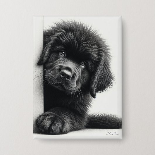 Badge Curieux chiot Terre-Neuve noir qui regarde (Recto)