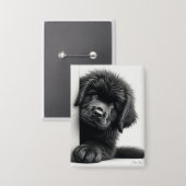 Badge Curieux chiot Terre-Neuve noir qui regarde (Recto/Verso)