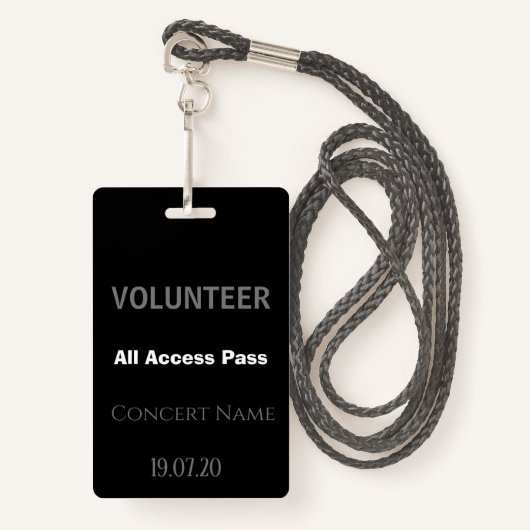 Badge Custom Black Volunteer All Access Pass Concert (Devant avec lanière)