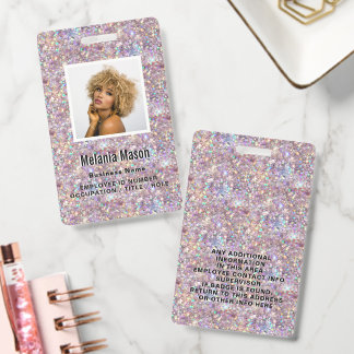 Badge Custom Photo & Name Rose Gold Glitter Pink Staff 