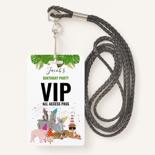 Badge Custom Safari Jungle Zoo Anniversaire Party Pass F (Devant avec lanière)