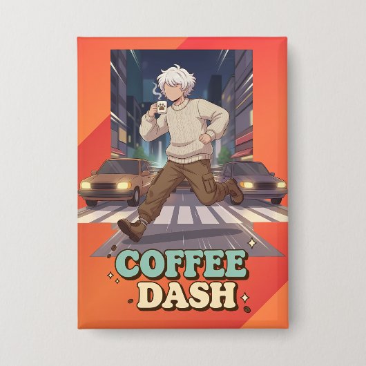 Badge Cute Anime Boy Running in the City with Coffee (Recto)