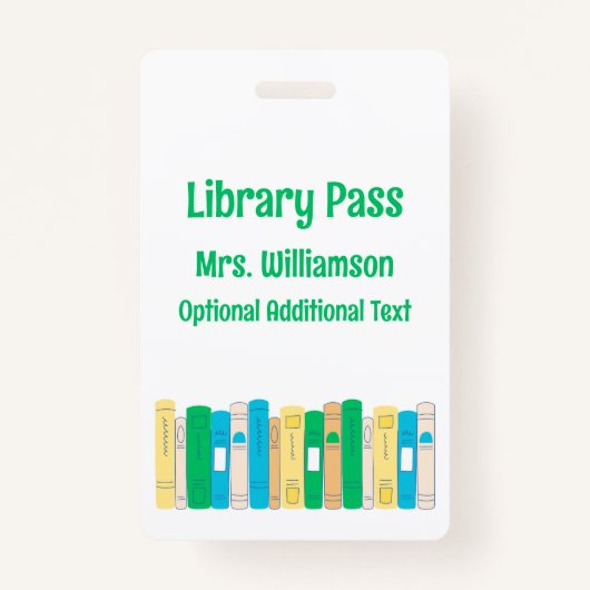 Badge Cute Books School Library Hall Pass (Devant)