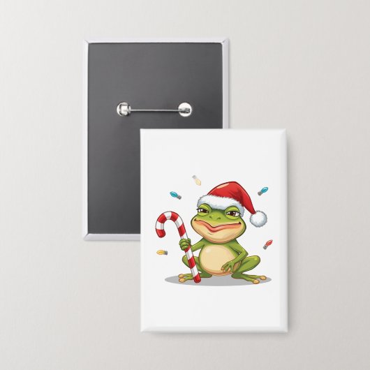 Badge Cute Christmas Frog With Candy Cane - Funny Holida (Recto/Verso)